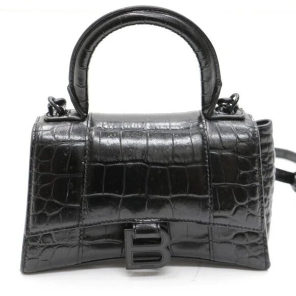 Balenciaga Shiny Calfskin Monochrome Crocodile Embossed Hourglass XS Bag - Black - Picture 1 of 16